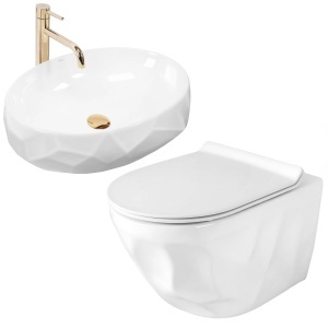 Set vas WC suspendat Rea Gustavo Rimless si lavoar pe blat Maya alb lucios