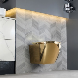 Vas WC suspendat Mizu Tornado Gold & White, rimless cu capac softclose - Img 4