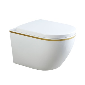 Vas WC suspendat Mizu Tornado White&Gold 02, rimless, capac din duroplast cu softclose