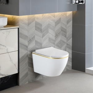 Vas WC suspendat Mizu Tornado White&Gold, rimless cu capac softclose din duroplast - Img 2