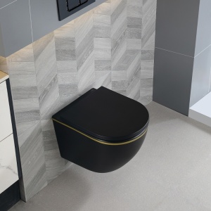 Vas WC suspendat Peak Black Matt&Gold, rimless si cu capac softclose - Img 6