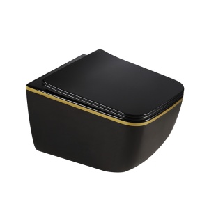 Vas WC suspendat Yuzu Tornado Black Glossy & Gold, rimless cu capac softclose