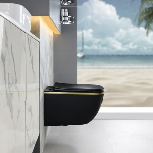 Vas WC suspendat Yuzu Tornado Black Matt & Gold, rimless cu capac softclose - Img 4