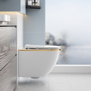 Vase de toaleta suspendat Peak White Matt&Gold, rimless cu capac softclose - Img 2