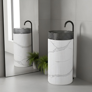Baza chiuveta rotunda tip piedestal din marmura ceramica Turn alb-gri H74 x Ø40 cm - Img 9