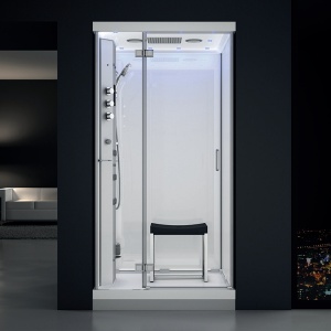 Cabina de dus MUE-H1000-13L montaj stanga, alba, cu hidromasaj si sauna cu aburi 100 x 100 x 217 cm