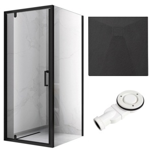 Cabina de dus patrata cu cadita KZ04C Riko negru mat 90 x 90 cm sticla 6 mm