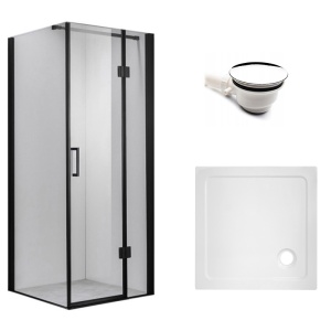 Cabina de dus patrata cu rame negre si cadita alba slim KZ1390A/ST02A 80 x 80 cm