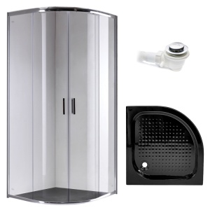 Cabina de dus semicirculara din sticla securizata 6mm cu cadita de dus neagra slim KZ94B-SXL01B 90 x 90 cm