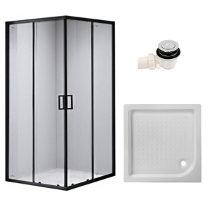 Cabina e dus din sticla securizata cu rame negre si usi batante si cadita alba antialunecare BL30B/SXL02B 90 x 90 cm