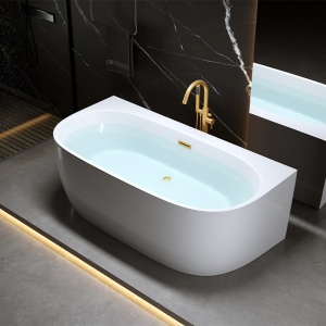 Cada de baie alb lucios cu montaj la perete, Nora 526D, 170 x 85 cm, deversor auriu periat - Img 4