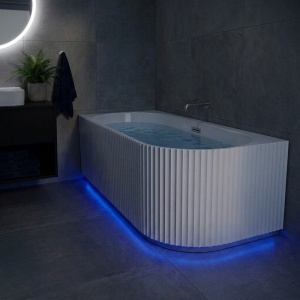 Cada de baie striata, montaj stanga, Rio 504C 160 x 75 cm, alb lucios, ventil cromat si fanta LED - Img 9