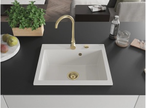 Chiuveta bucatarie din granit cu 1 compartiment, culoare alba cu sifon auriu, dimensiune 60x50cm - Img 3