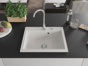 Chiuveta bucatarie granit Elix cu sifon crom, culoare alb, 60x50cm - Img 3