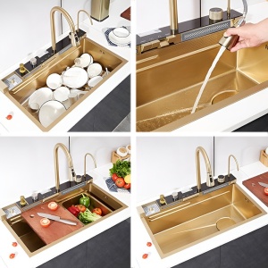Chiuveta de bucatarie ARGOS multifunctionala, Dimensiune 75X46cm, Culoare Gold Steel, Termostat cu Display LCD - Img 11