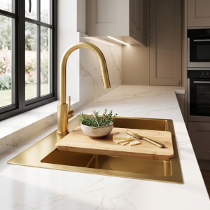 Chiuveta din inox cu set de accesorii Rea Leo 50 Brush Gold - Img 4