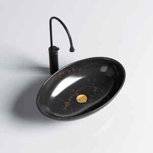 Chiuveta lavoar oval cu montaj pe blat, din ceramica,Lumo Black Marble Gloss 53 x 33 cm - Img 3