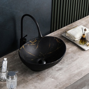 Chiuveta lavoar oval cu montaj pe blat, din ceramica neagra, Lumo Black Matt 40 x 33 cm - Img 4