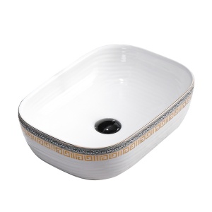 Lavoar ceramic dreptunghiular alb cu decoratiuni gri-aurii si montaj pe blat Milo White Gloss 45 x 32 cm - Img 3