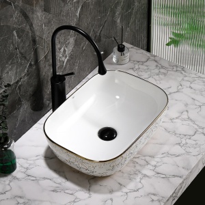 Lavoar ceramic dreptunghiular alb cu detalii florale aurii Milo White Gloss 45 x 32 cm - Img 7