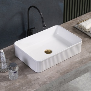 Lavoar ceramic dreptunghiular cu caneluri si cu fixare pe blat Aura White Gloss 50 x 34 cm - Img 7