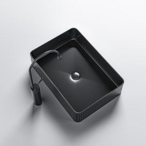 Lavoar ceramic dreptunghiular cu caneluri si montaj pe blat Aura Black Gloss 50 x 34 cm - Img 5