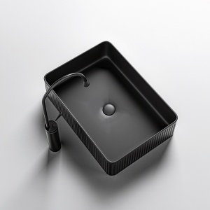 Lavoar ceramic dreptunghiular cu caneluri si montaj pe blat Aura Black Matt 50 x 34 cm - Img 5