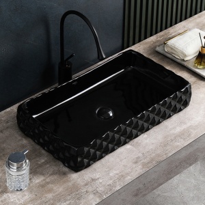 Lavoar ceramic dreptunghiular cu caneluri si montaj pe blat Pearl Black 60 x 34 cm - Img 2