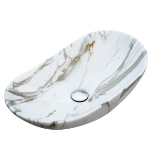 Lavoar ceramic oval alb marmorat cu montaj pe blat Lavi White Gloss 62 x 36 cm - Img 9