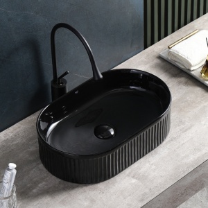 Lavoar ceramic oval cu caneluri cu montaj pe blat Elix Black Gloss 49 x 31 cm - Img 2
