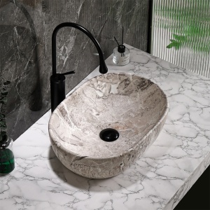 Lavoar ceramic oval cu fixare pe blat Neo Marble Grey Matt 48 x 34 cm - Img 2