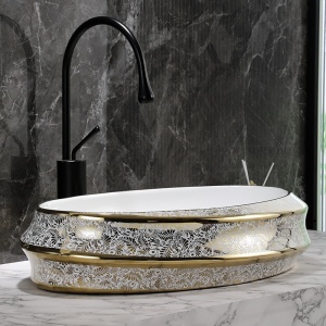 Lavoar ceramic oval cu interior alb si exterior cu decoratiuni aurii Yoko 60 x 40 cm - Img 6
