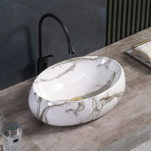 Lavoar ceramic oval cu montaj pe blat Cari White&Marble 50 x 31 cm - Img 7