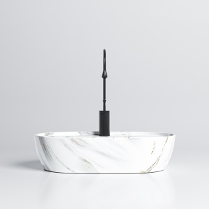 Lavoar ceramic oval cu montaj pe blat, marmura alb lucioasa Emi White Gloss 60 x 40 cm - Img 4