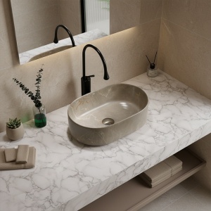 Lavoar ceramic oval din marmura bej cu montaj pe blat Navi 46 x 31 cm - Img 11