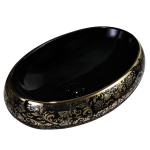 Lavoar ceramic oval negru cu decoratiuni aurii si montaj pe blat Cari 60 x 40 cm