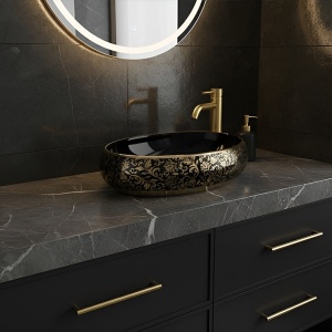 Lavoar ceramic oval negru cu decoratiuni aurii si montaj pe blat Cari 60 x 40 cm - Img 11