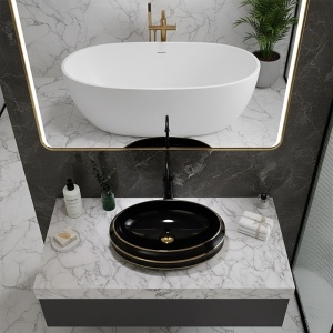 Lavoar ceramic oval negru cu linii aurii si montaj pe blat Yoko Black Gloss 60 x 40 cm - Img 6