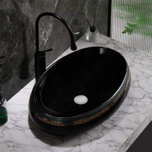Lavoar ceramic oval negru lucios cu decoratiuni aurii Cari 60 x 40 cm - Img 6