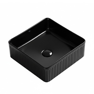 Lavoar ceramic patrat cu caneluri si montaj pe blat Aura Black Gloss 37 x 13 cm