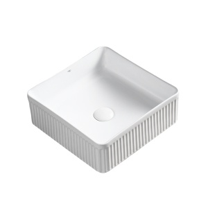 Lavoar ceramic patrat cu caneluri si montaj pe blat Aura White Gloss 37 x 37 cm - Img 10