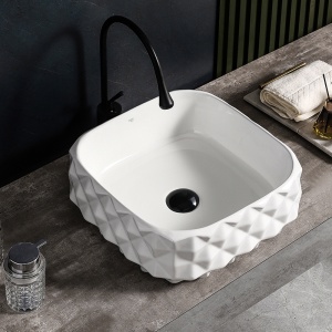 Lavoar ceramic patrat cu decoratii exterioare si montaj pe blat Pearl White 40 x 40 cm - Img 6