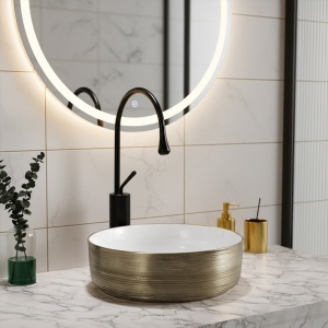 Lavoar ceramic rotund cu interior alb si exterior auriu si montaj pe blat Lava 36 x 12 cm - Img 11