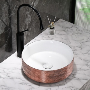 Lavoar ceramic rotund cu interior alb si exterior cupru periat cu montaj pe blat Lava 36 x 12 cm - Img 6
