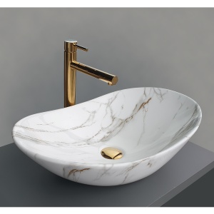 Lavoar De Blat PRO ZUZAN, Dimensiuni 60.5 X 36 X 15 Cm, Montaj Pe Blat, Design Deosebit, Forma Ovala, Ceramica Sanitara, Marmura/Gri - Img 5