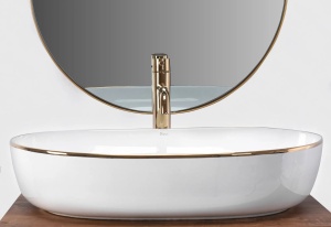 Lavoar De Blat REA CLEO ALB cu MARGINEA AURIE, Dimensiuni 60.5 X 41 X 14 Cm, Montaj Pe Blat, Forma Ovala, Ceramica Sanitara, Alb/Auriu - Img 4