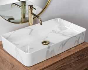 Lavoar De Blat REA DENIS SHINNY MARMO, Montaj Pe Blat, Dimensiuni 61.5 X 35 X 11 Cm,Design Deosebit, Forma Dreptunghiulara,Ceramica Sanitara,Gri - Img 2
