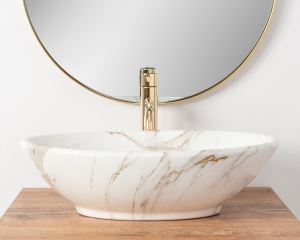 Lavoar de blat REA PAMELA AJAX SHINY, 53x 33x 15 cm, Montaj Pe Blat, Design Deosebit, Forma Rotunda, Ceramica Sanitara, Alb imitatie piatra - Img 6