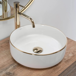 Lavoar De Blat REA SAMI GOLD EDGE, Dimensiuni 36 X 36 X 11.5 Cm, Forma Rotunda, Ceramica Sanitara, Alb/Auriu - Img 6