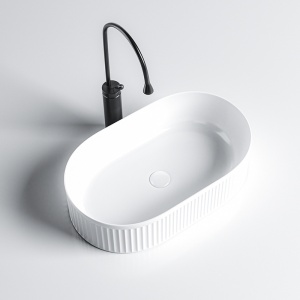 Lavoar oval din ceramica cu caneluri si montaj pe blat Elix White Gloss 49 x 31 cm - Img 3